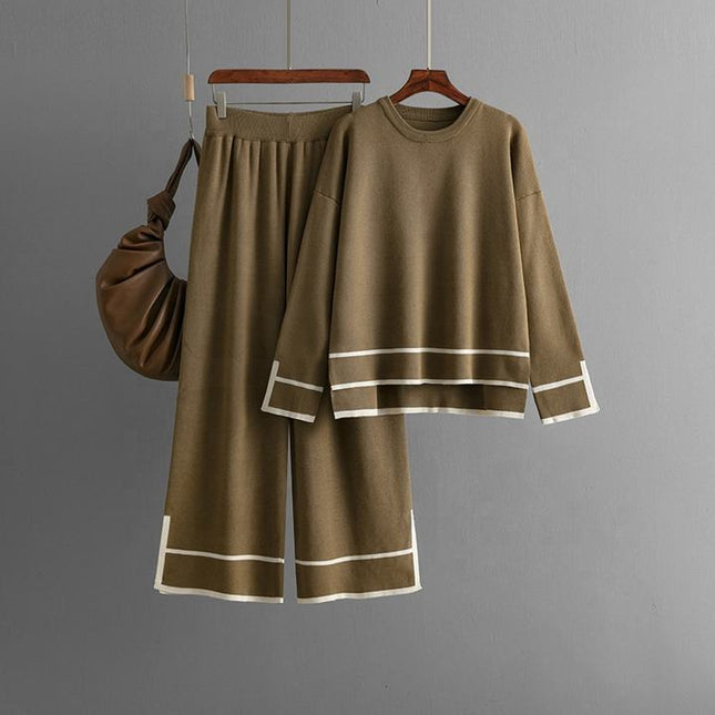 Women's Knitting Two-piece Suit Round Neck Long-sleeved Split Top+long-pants Sweater Two-piece Sets