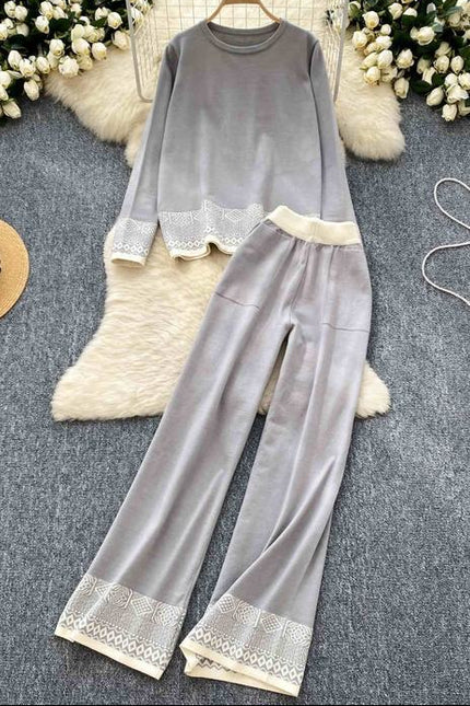 Women Fashion Round Neck Long Sleeve Jacquard Knit Top High Waisted Wide Leg Pants Casual Set