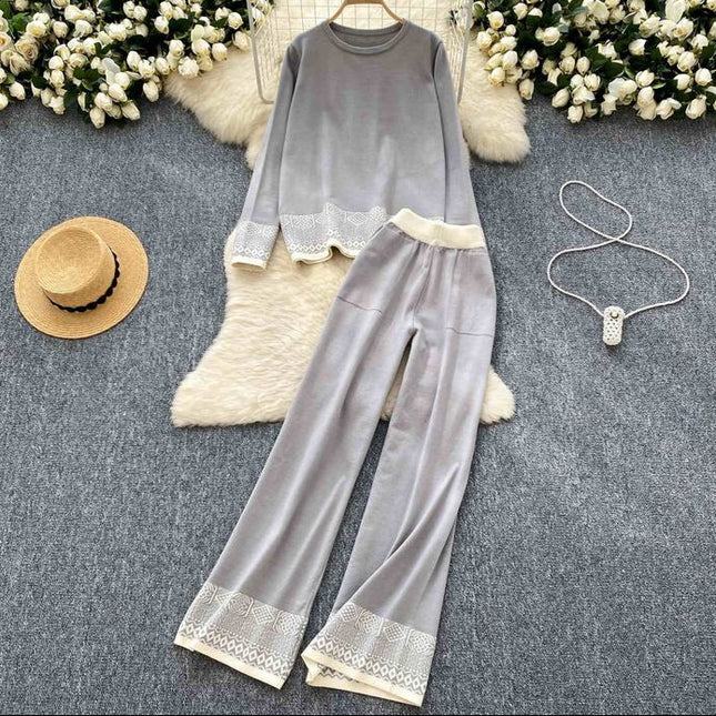 Women Fashion Round Neck Long Sleeve Jacquard Knit Top High Waisted Wide Leg Pants Casual Set