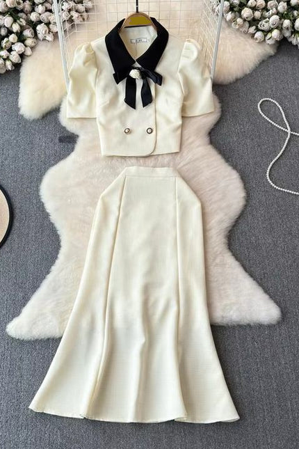 2024 New French Style Lapel Top and High Waisted Fishtail Skirt Two-piece Set Retro Light Luxury Hepburn Style Suit for Women