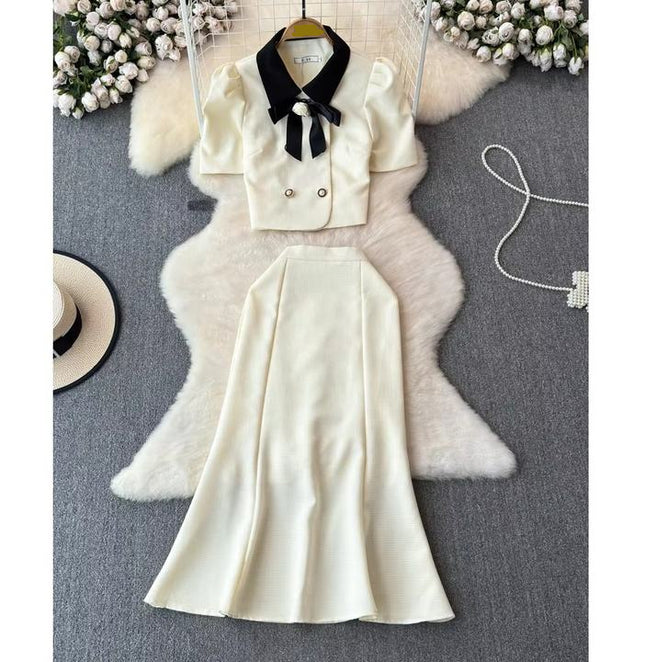 2024 New French Style Lapel Top and High Waisted Fishtail Skirt Two-piece Set Retro Light Luxury Hepburn Style Suit for Women