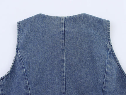 Crew Neck Single Breasted Denim Blue Color Hot Sale Casual Fashion Vest Waistcoat for Women