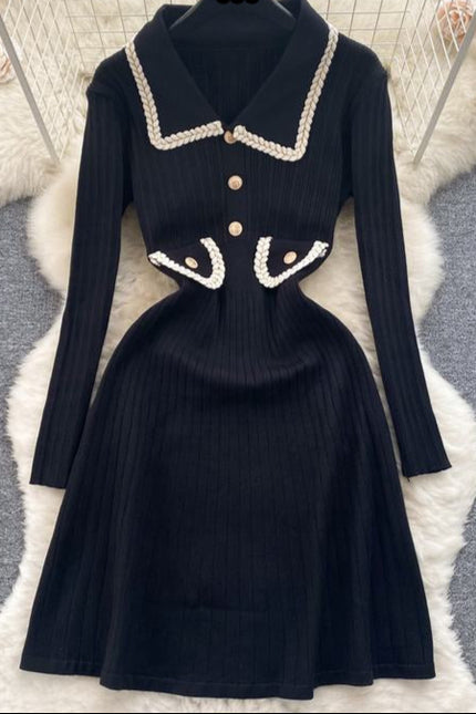 Women's New Fall Winter High-Grade Chic Waist Slimming Lapel Sweater Knitted Dress
