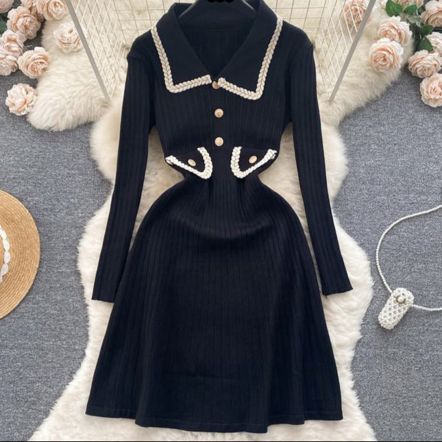 Women's New Fall Winter High-Grade Chic Waist Slimming Lapel Sweater Knitted Dress