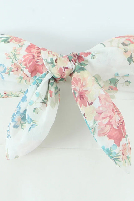 Strapless White Color Front Bow Tie Floral Print Casual Fashion Summer Mini Dress for Women