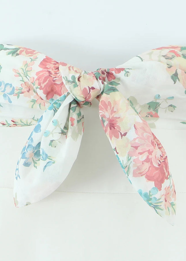 Strapless White Color Front Bow Tie Floral Print Casual Fashion Summer Mini Dress for Women