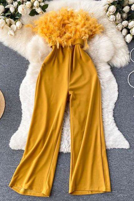 Luxury Feather Tassel Tube Top Jumpsuit Women High Waist Slimming Playsuits Lady Straight Wide Leg Jumpsuit Summer