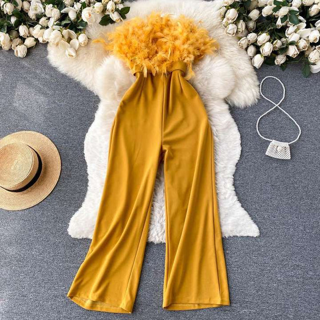 Luxury Feather Tassel Tube Top Jumpsuit Women High Waist Slimming Playsuits Lady Straight Wide Leg Jumpsuit Summer