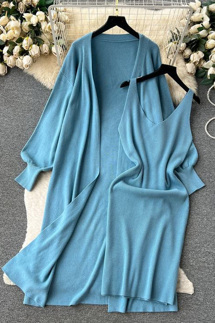 Yüksek dereceli düz renk örme moda seti kadın sonbahar v yaka Halters elbise gevşek ince uzun kollu üst