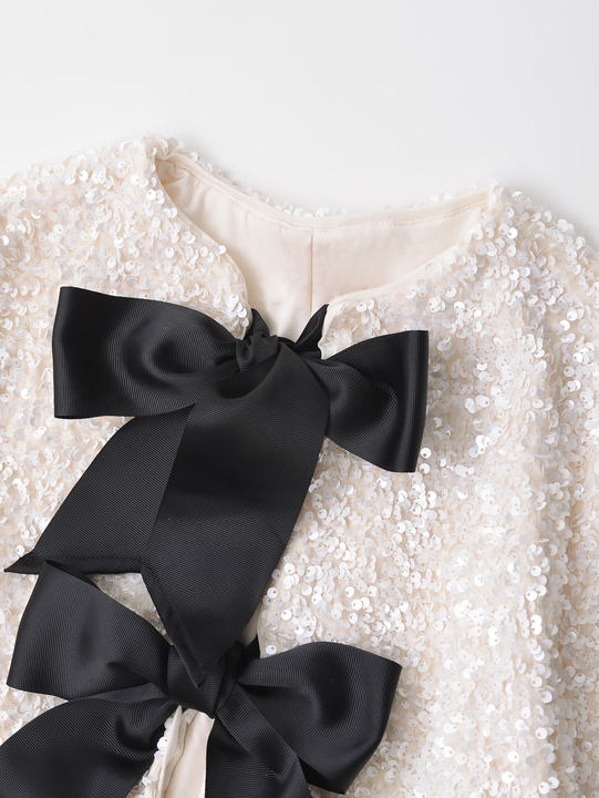 2 Colorway Solid Color Front Bow Tie Crew Neck Long Sleeve Sequin Casual Fashion Women's Jacket