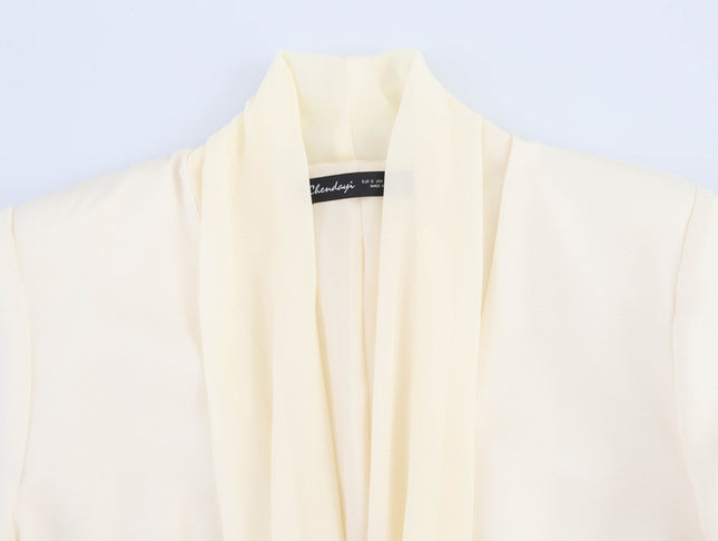 Beige Color Bow Tie Long Sleeve Casual Fashion Blazer Jacket for Women