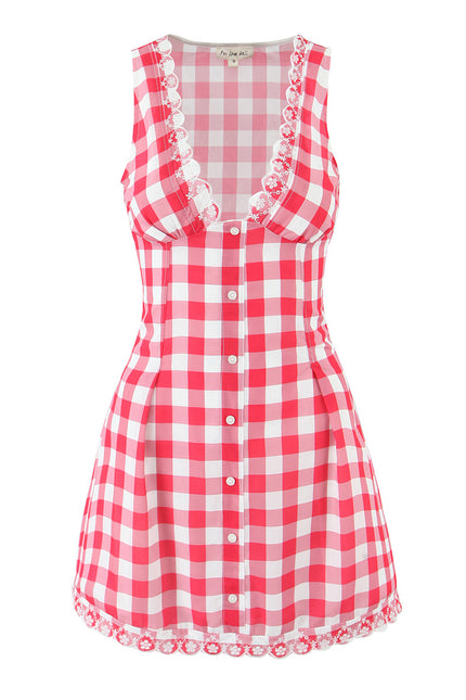 V Neck Buttons up Red White Color Plaid Print Sleeveless Casual Fashion Summer Cotton Mini Dress for Women