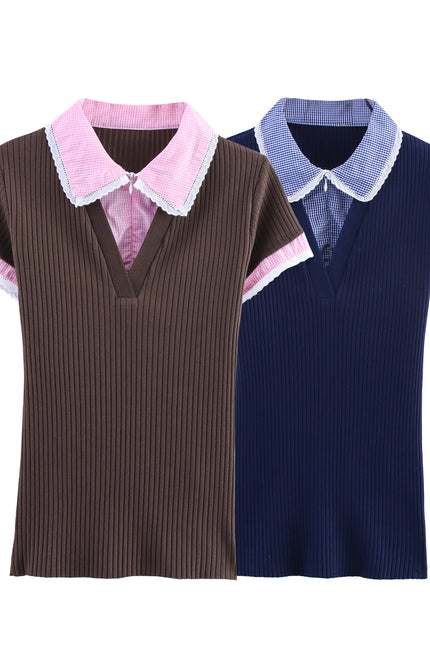 2 Colorway Turn Down Collar Solid Color Short Sleeve Knitted Casual Fashion Polo t Shirt for Women