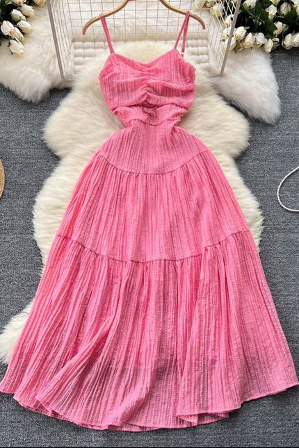 Vacation Style Halter Beach Dress Hollowed Out Strappy Pink Backless Dresses