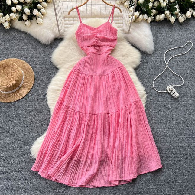 Vacation Style Halter Beach Dress Hollowed Out Strappy Pink Backless Dresses