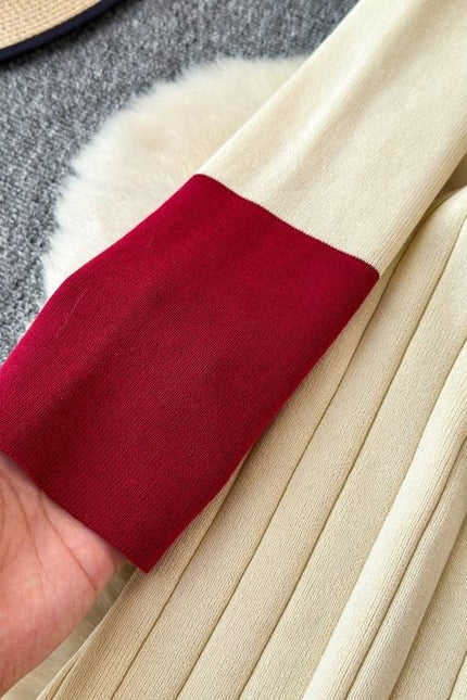 French Retro Color Collision Lapel Knit Dress Women'S New Long Sweater Dress in Autumn Winter