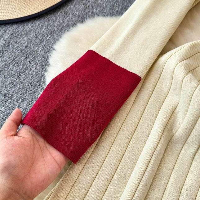 French Retro Color Collision Lapel Knit Dress Women'S New Long Sweater Dress in Autumn Winter