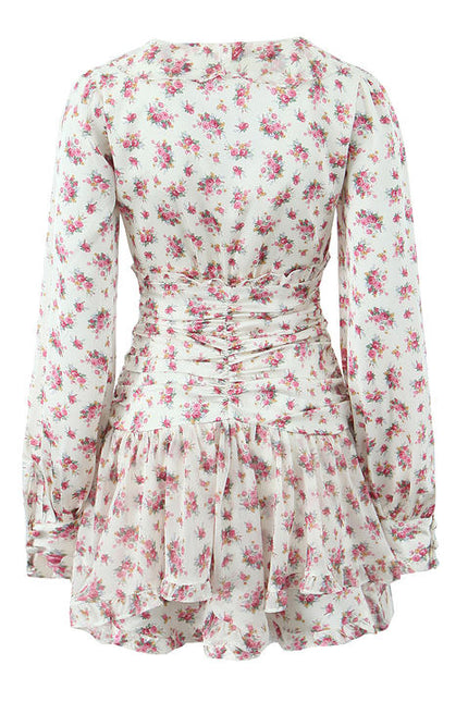 V Neck Floral Print Multi Color Long Sleeve Casual Fashion Mini Dress for Women