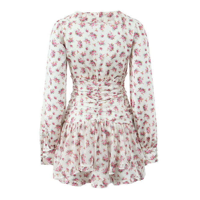 V Neck Floral Print Multi Color Long Sleeve Casual Fashion Mini Dress for Women