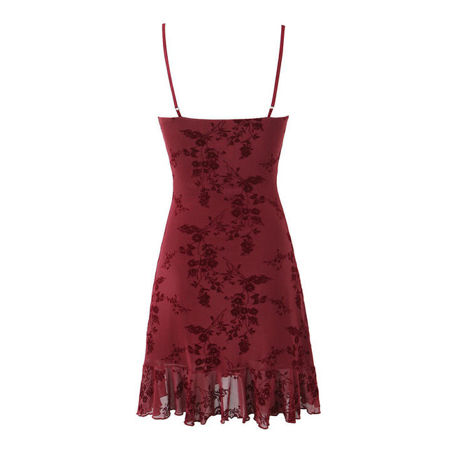 Spaghetti Strap Burgundy Color Floral Pattern Casual Fashion Mini slip Dress for Women