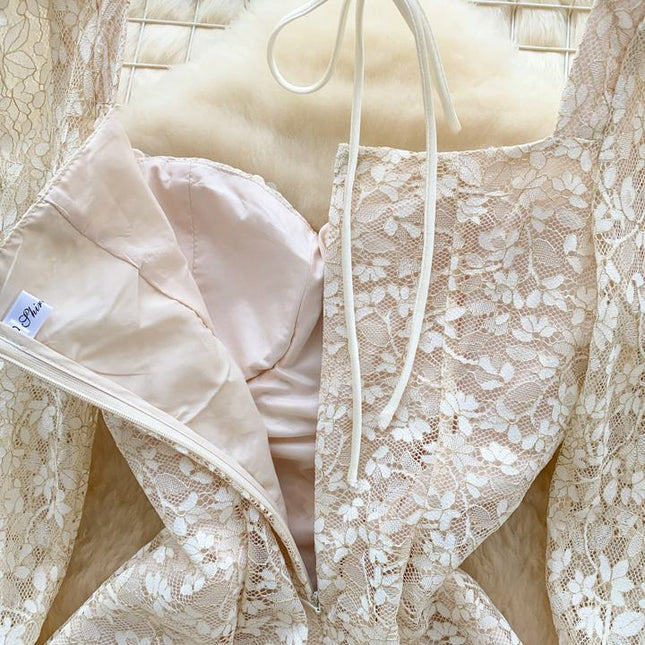 2025 Spring Advanced Sense Heavy Industry Nail Drill Three-dimensional Flower square Collar Trumpet Sleeve Hollow-out Lace Dress