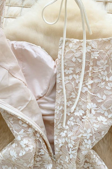 2025 Spring Advanced Sense Heavy Industry Nail Drill Three-dimensional Flower square Collar Trumpet Sleeve Hollow-out Lace Dress
