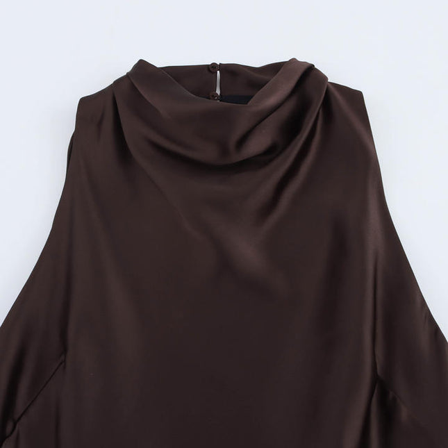 Crew Neck Sashes Brown Color Sleeveless Casual Fashion Maxi Summer Dress for Women