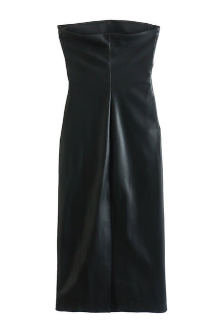 Strapless Black Color Zipper Fly Hot Sale Casual Fashion PU Leather Dress for Women