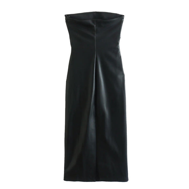 Strapless Black Color Zipper Fly Hot Sale Casual Fashion PU Leather Dress for Women