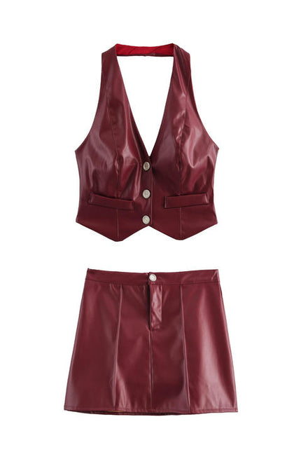 Back Hollow Out Buttons up Halter tank Top Mini Leather Skirt Casual Fashion Women 2 Piece Set