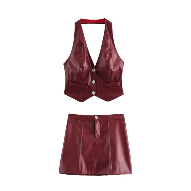 Back Hollow Out Buttons up Halter tank Top Mini Leather Skirt Casual Fashion Women 2 Piece Set