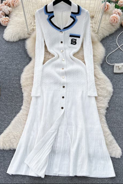 V-neck Women Knitted Spring Autumn Elegant Long Sleeve Ladies Fashion Maxi Dresses