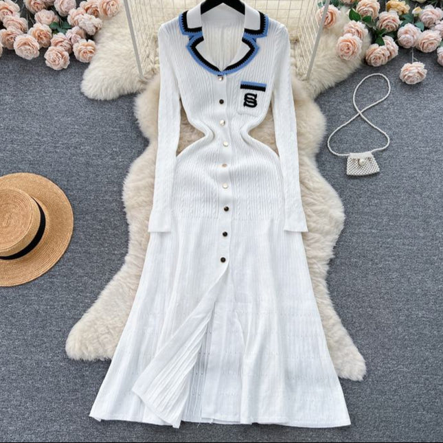 V-neck Women Knitted Spring Autumn Elegant Long Sleeve Ladies Fashion Maxi Dresses