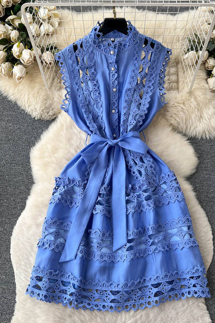 Sexy Summer Temperament Court Style Hollow Lace A-line Skirt Stand Collar Slimming Dress Female Summer Lace-up Waist Dress