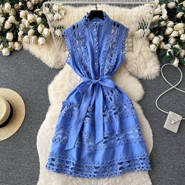Sexy Summer Temperament Court Style Hollow Lace A-line Skirt Stand Collar Slimming Dress Female Summer Lace-up Waist Dress