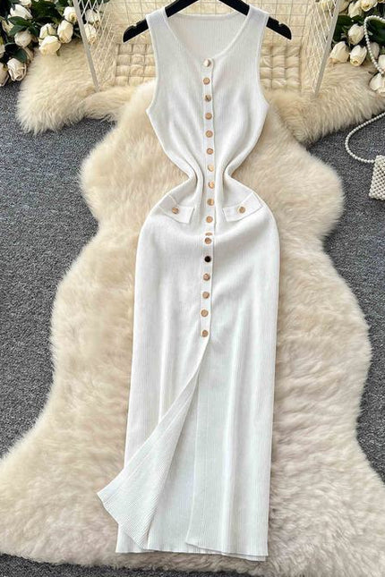 Sexy Long Knitted Dresses Summer Clothing Mulheres Apertado Casual Elegante Sem Mangas Botão Knit Maxi Dress