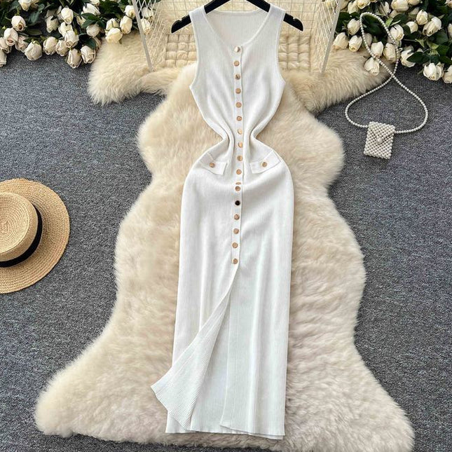 Sexy Long Knitted Dresses Summer Clothing Mulheres Apertado Casual Elegante Sem Mangas Botão Knit Maxi Dress