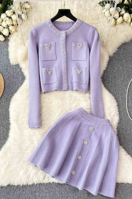 New Women Knit Two Piece Sets Short Sweater Cardigan Skirt Set Elegant Office Party Two Pieces