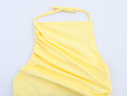 Back Hollow Out Lace up Yellow Color Pleated Casual Fashion Women's Halter tank Tops