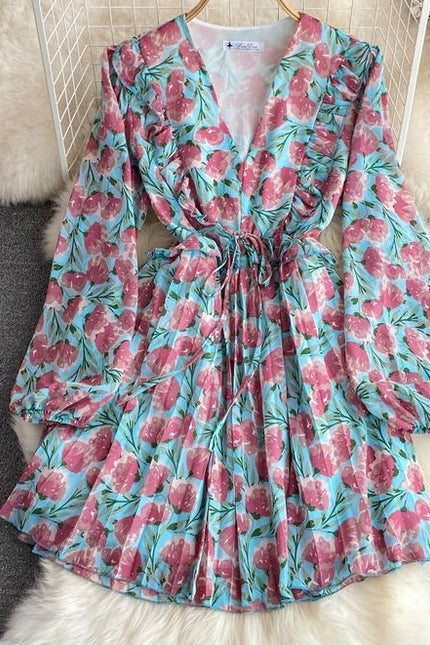 Autumn V-Neck Ruffled Long Sleeve Waisted A-Line Floral Pleated Casual Dresses