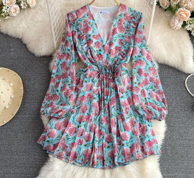 Autumn V-Neck Ruffled Long Sleeve Waisted A-Line Floral Pleated Casual Dresses