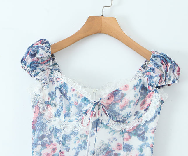 Floral Print Shoulder Strap Lace up Multi Color Casual Fashion Summer Mini Dress for Women