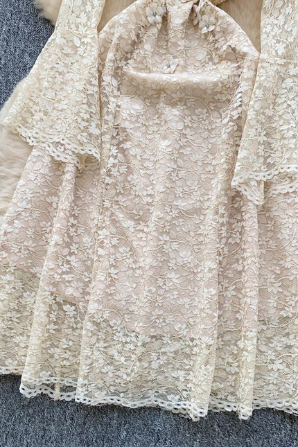 2025 Spring Advanced Sense Heavy Industry Nail Drill Three-dimensional Flower square Collar Trumpet Sleeve Hollow-out Lace Dress