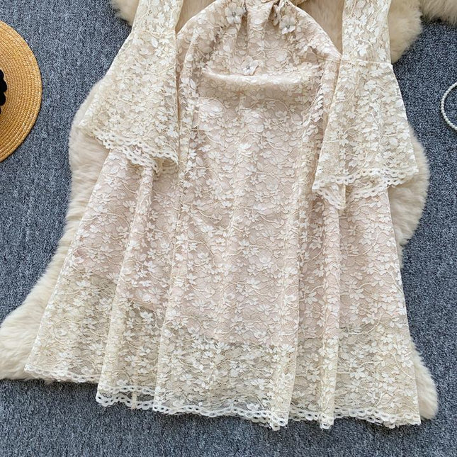 2025 Spring Advanced Sense Heavy Industry Nail Drill Three-dimensional Flower square Collar Trumpet Sleeve Hollow-out Lace Dress