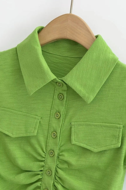 5 Colorway Solid Color Short Sleeve Turn Down Collar Buttons up Casual Shirt for Women