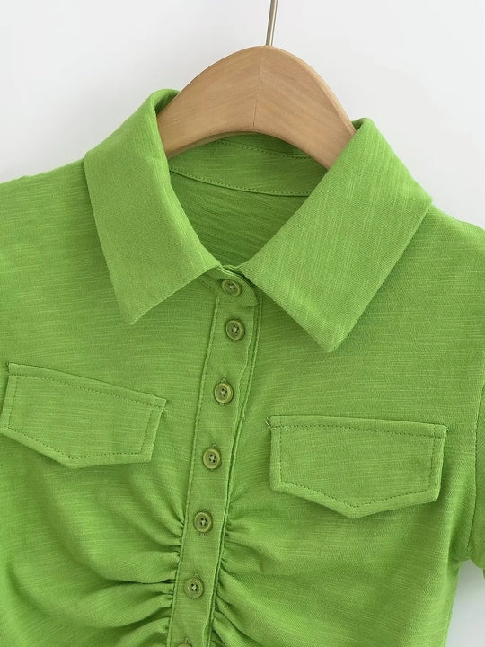 5 Colorway Solid Color Short Sleeve Turn Down Collar Buttons up Casual Shirt for Women