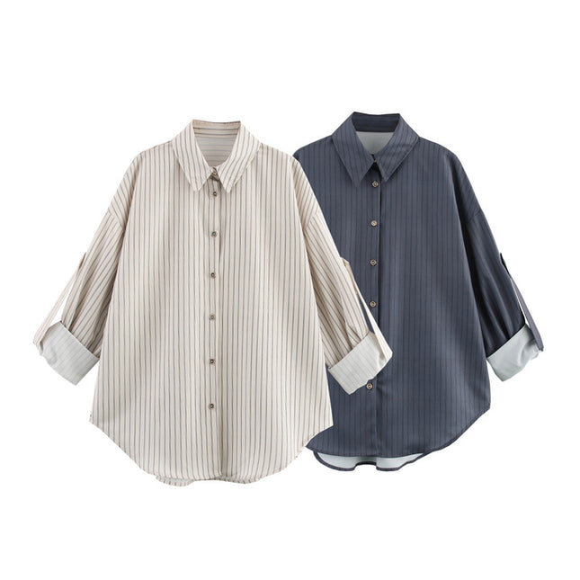 2 Colorway Turn Down Collar Long Sleeve Buttons up Striped Print Casual Fashion Tops Blouse for Women