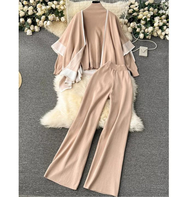 Autumn and Winter Loose and Lazy Style Cape Coat High Neck Pullover Knitted Sweater Casual Wide Leg Pants Three Piece Set