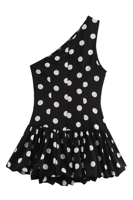 Asymmetrical Design Black White Color Polka Dot Print Casual Fashion Summer Mini Dress for Women