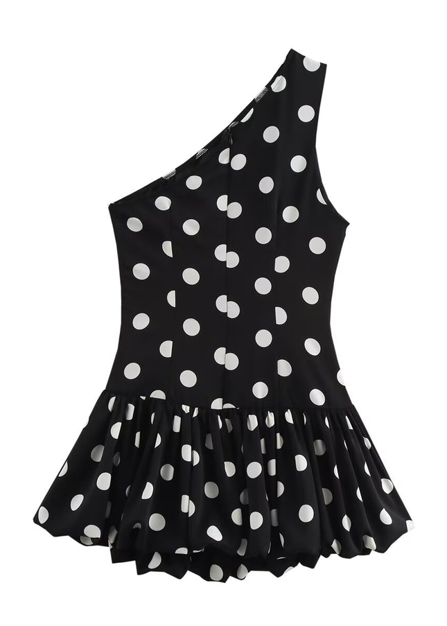 Asymmetrical Design Black White Color Polka Dot Print Casual Fashion Summer Mini Dress for Women